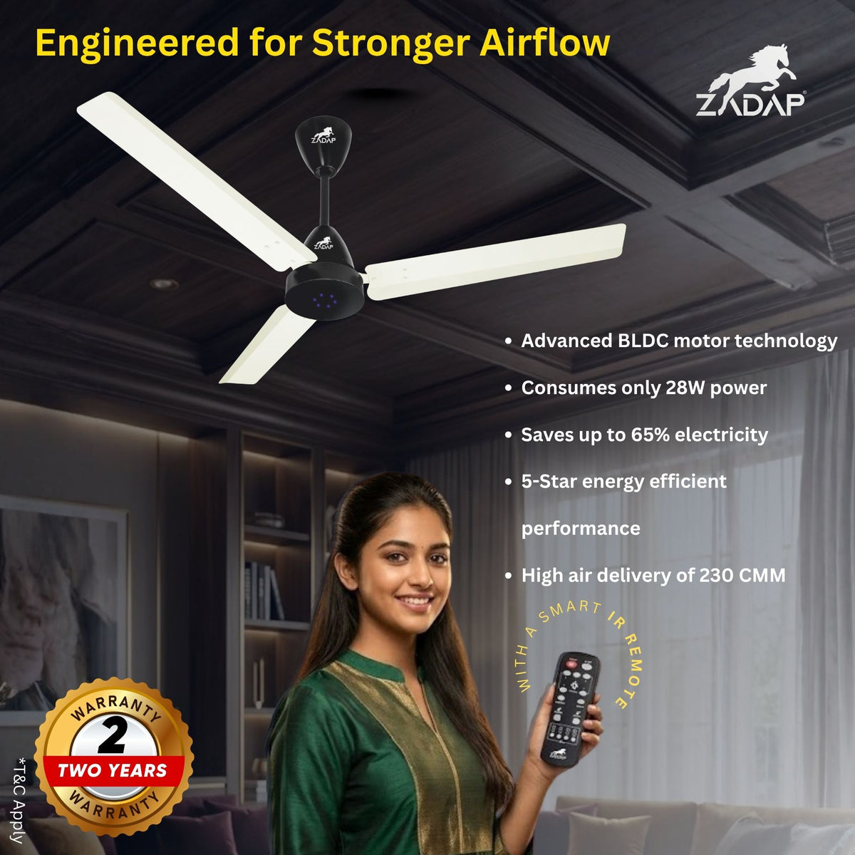Zadap Strom BLDC Ceiling Fan with LED Lights | 28W Energy Saving | IR Remote | 900mm & 1200mm