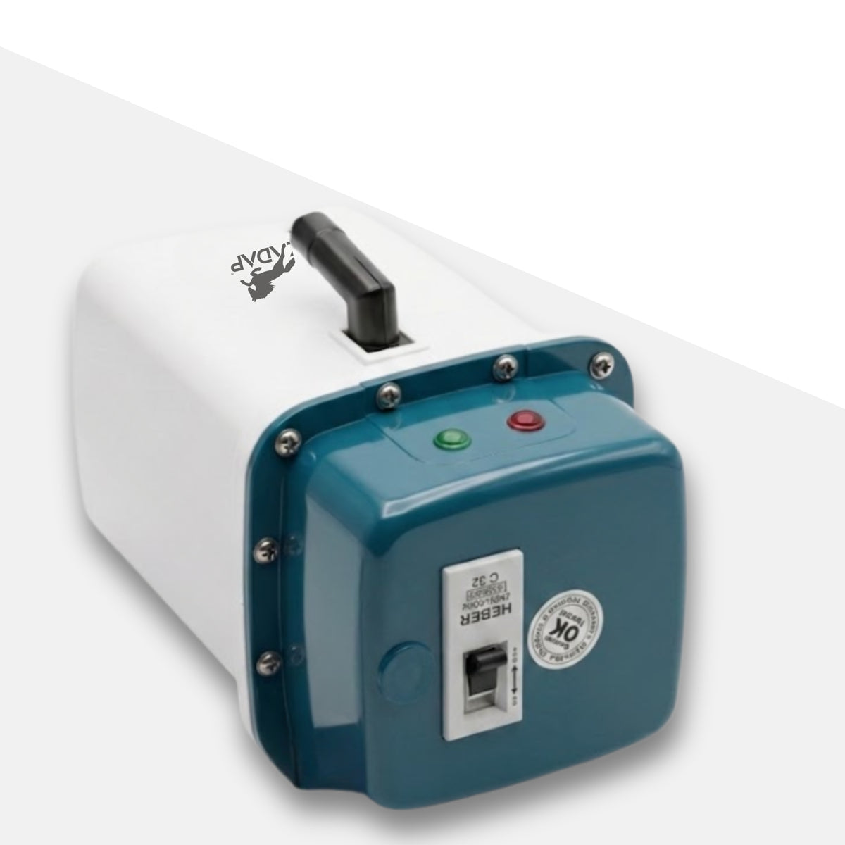A compact industrial heating unit with a white body, a dark teal metal front housing, a black handle on top, and small green and red buttons on the front. The brand name 'avoy' is printed on the upper left side.