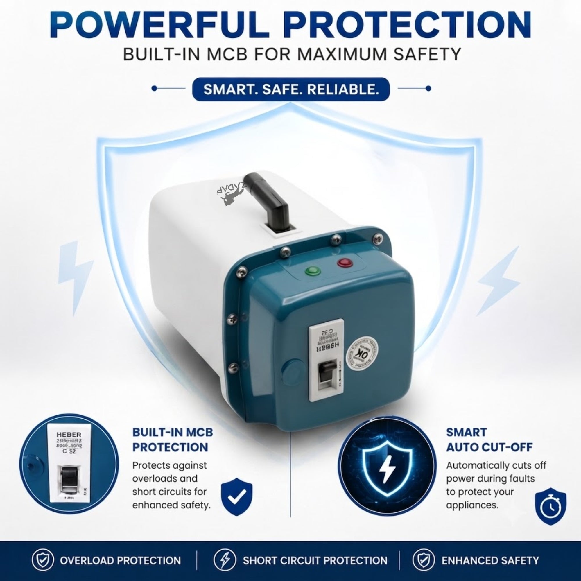 A smart built-in MCB safety device for appliances, featuring a white upper body and a dark teal lower box with a black handle, shown inside a blue shield graphic with promotional text and feature callouts.