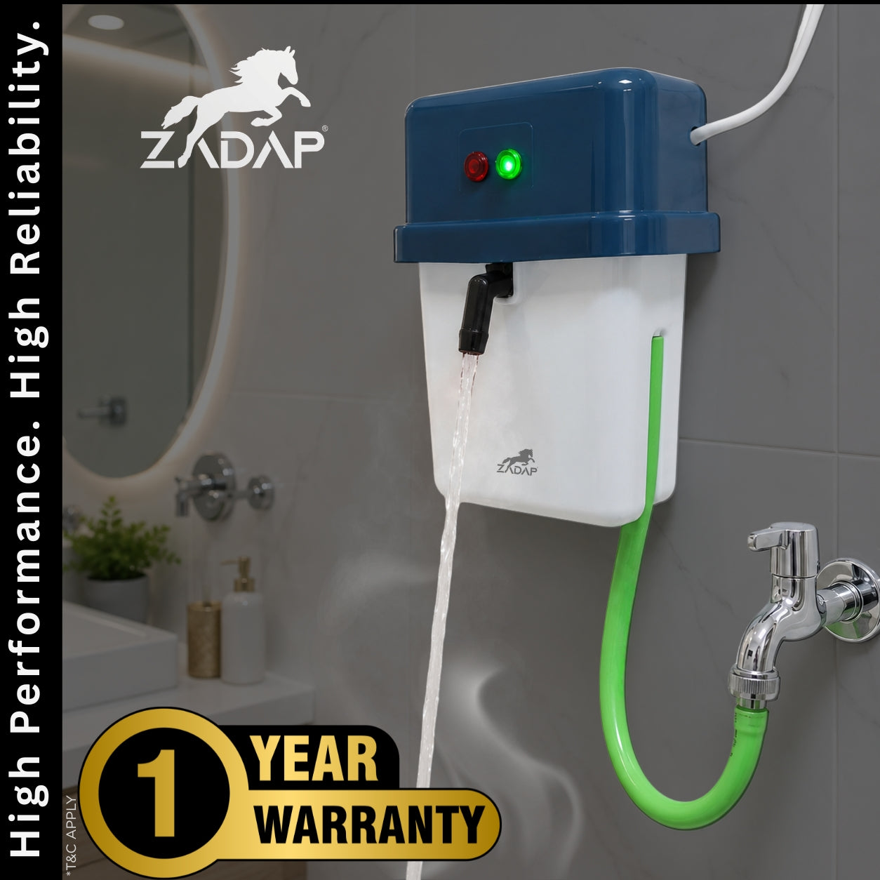 ZADAP wall-mounted water heater dispenser in a bathroom setting, featuring a blue top control box, white body, green water supply hose, and water flowing from the spout. Includes a '1 YEAR WARRANTY' badge and vertical 'High Performance.