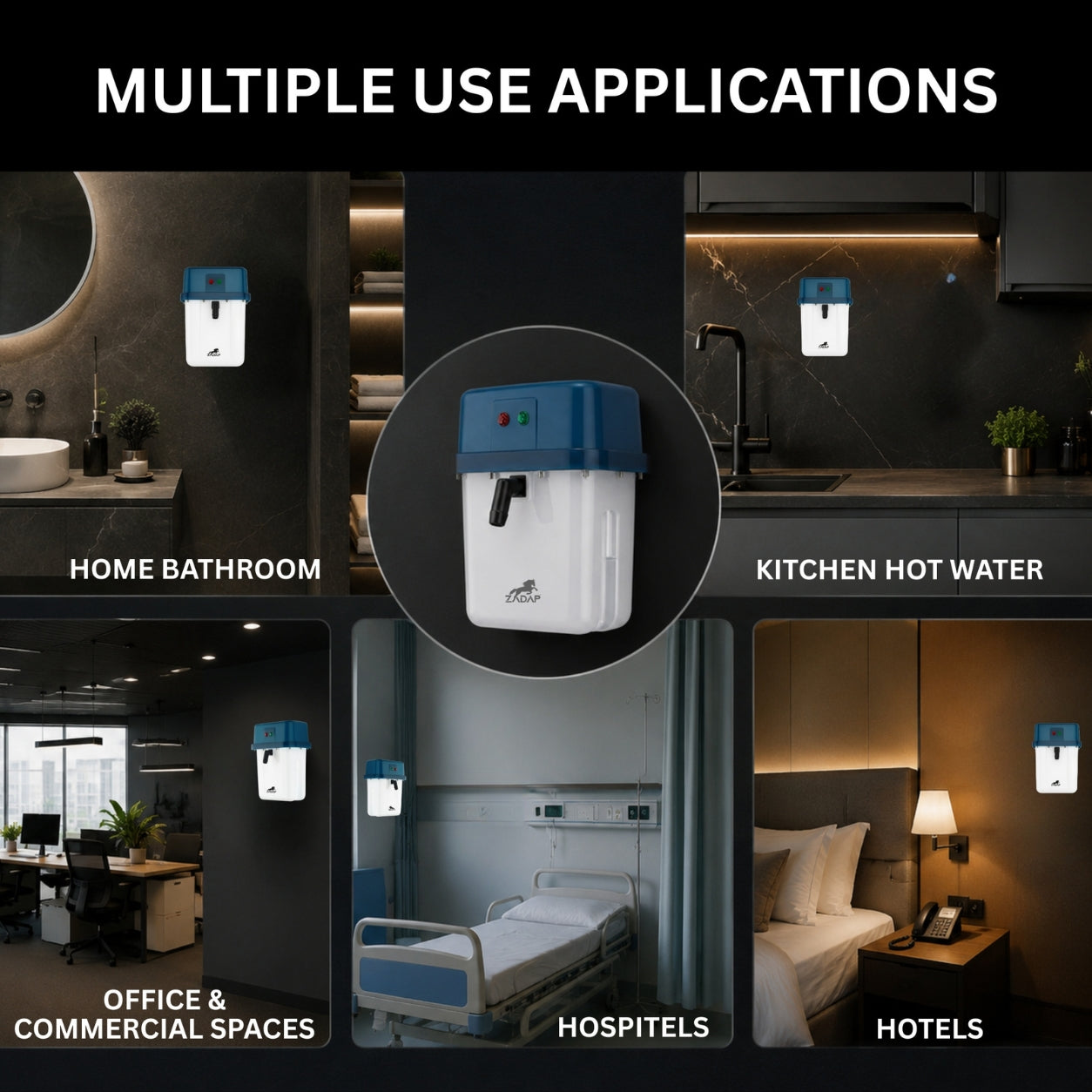 A promotional graphic showing a wall-mounted hot water dispenser in multiple real-world settings under the heading 'MULTIPLE USE APPLICATIONS.' The central inset highlights the dispenser, while surrounding panels show labeled uses: home bathroom, kitchen hot water, office & commercial spaces, hospitals, and hotels.