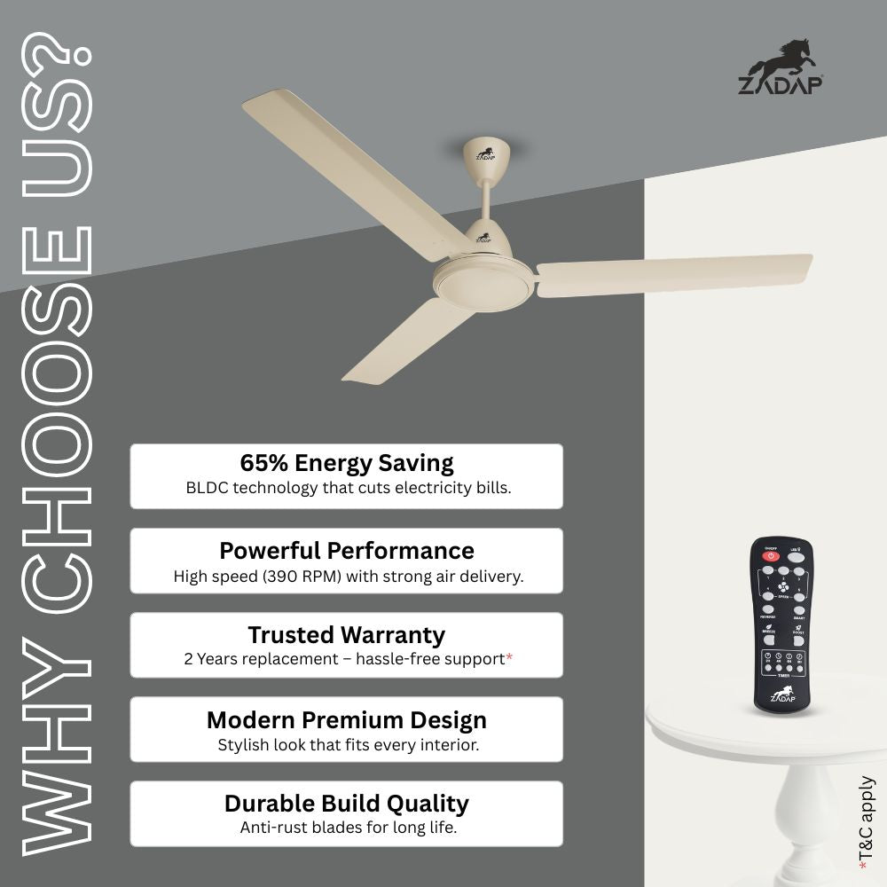 ZADAP CASA-Pro 1200mm BLDC Ceiling Fan with Remote | High Speed 390 RPM (Ivory)