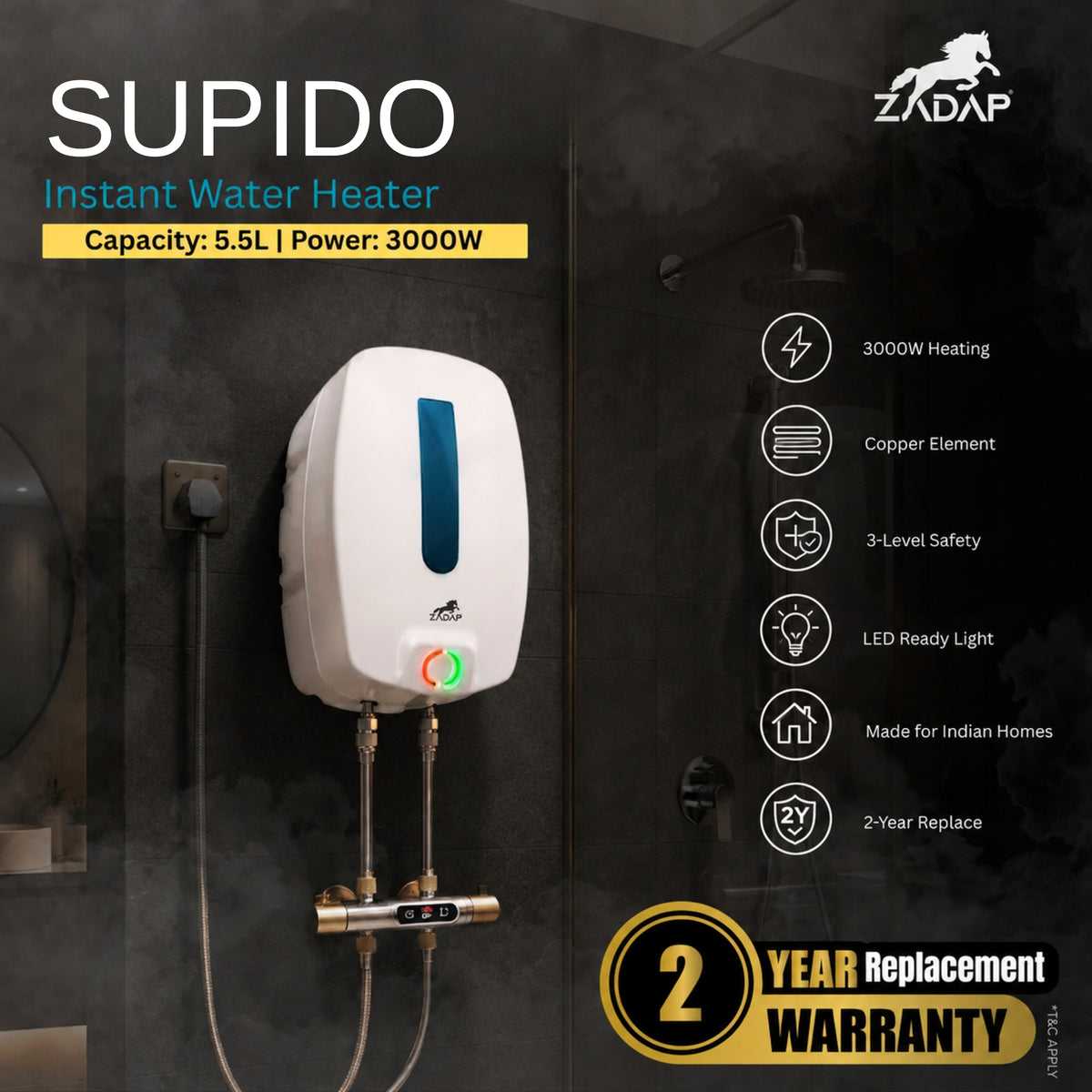 Zadap Supido Instant Water Heater 5.5L | 3000W Fast Heating Geyser