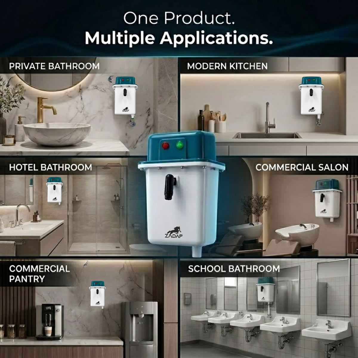A promotional collage showing a wall-mounted dispenser product in a central floating view, with six bathroom/kitchen environment panels around it labeled for use in private bathroom, modern kitchen, hotel bathroom, commercial salon, commercial pantry, and school bathroom. Text at the top reads 'One Product.