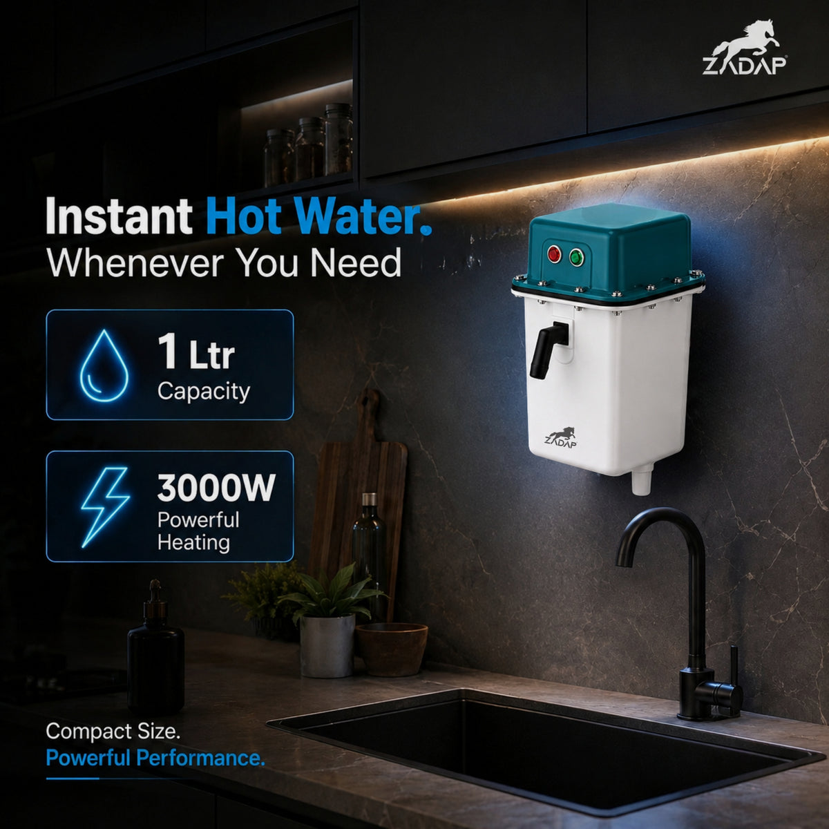 A wall-mounted instant hot water Heater by ZADAP shown installed above a kitchen sink in a dark modern kitchen. The product has a white body with a teal top control box and black faucet handle.