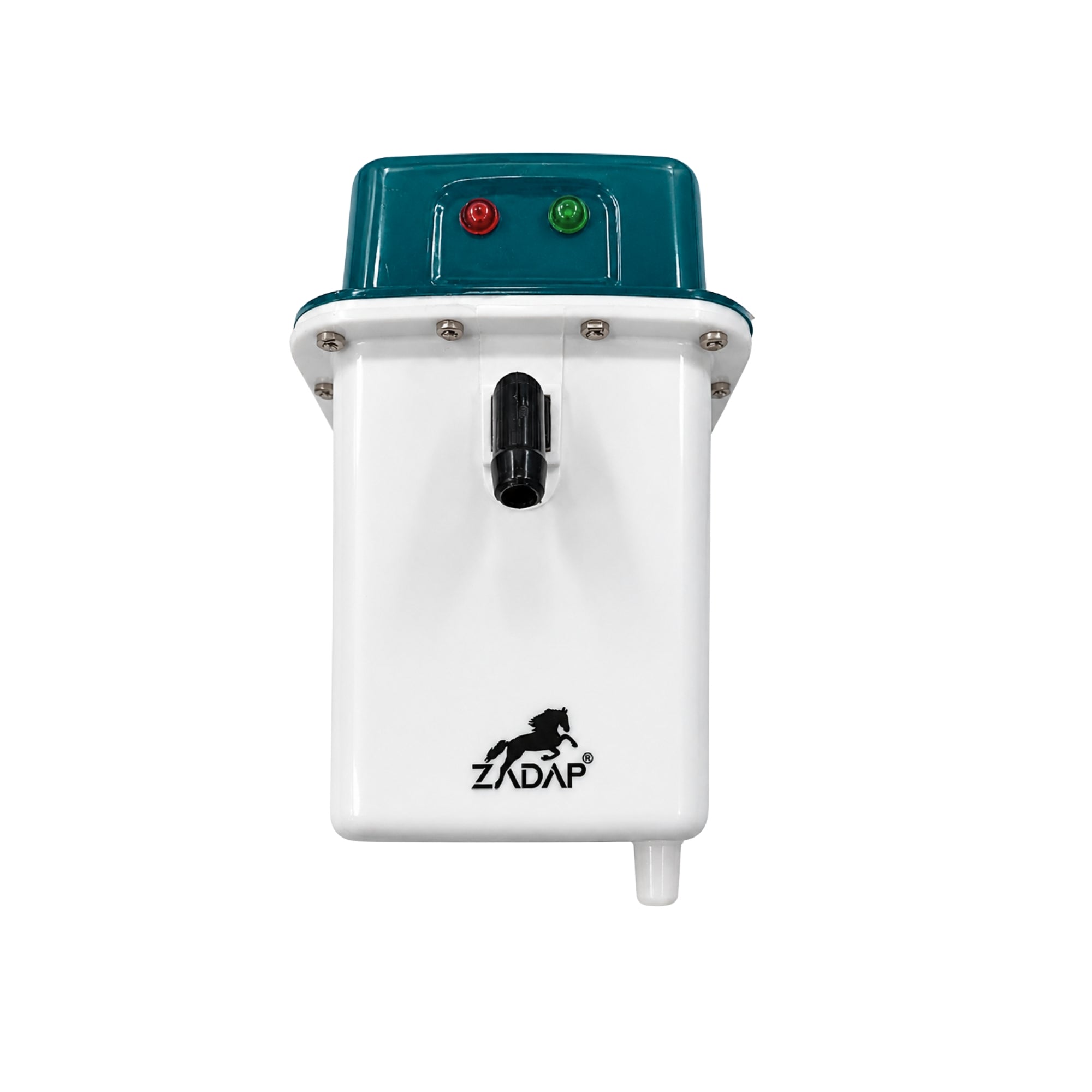 A white and teal Zadap electric Water Heater unit with a black outlet and a black horse logo on the front, shown against a plain white background.
