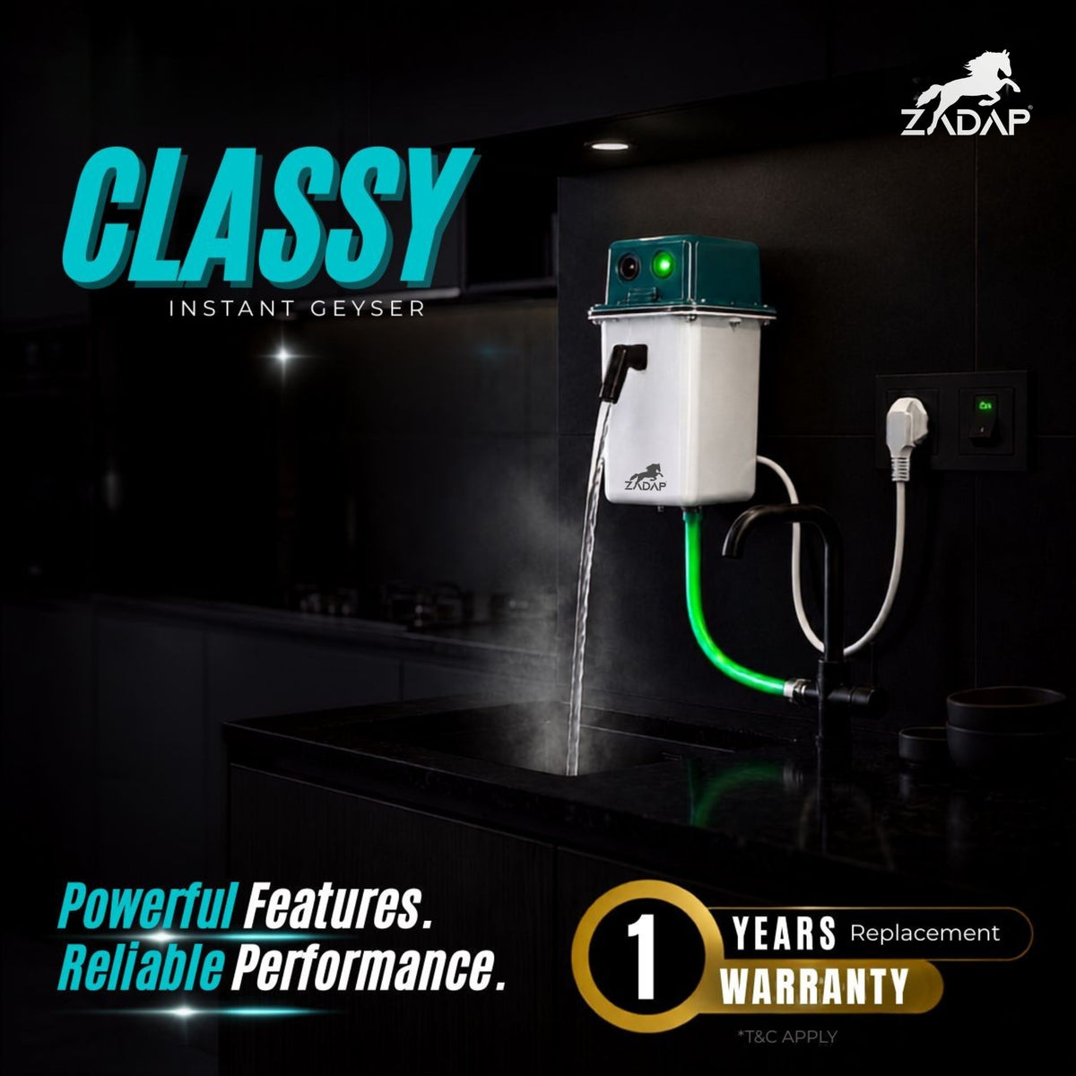 Zadap Classy Instant Geyser shown in a dark kitchen setting, dispensing a powerful jet of water into a sink. The product features a white body, a teal top box, and a green curved hose.