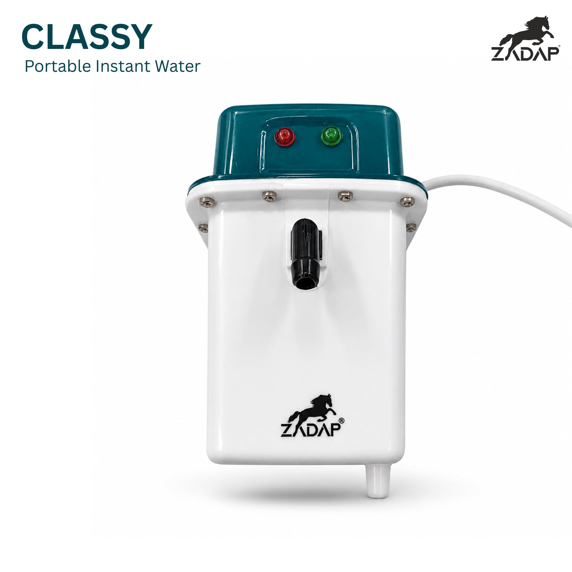 ZADAP CLASSY portable instant water dispenser, featuring a white body, a teal top housing a red and green power switch, and a black water outlet, shown on a white background with a brand logo.