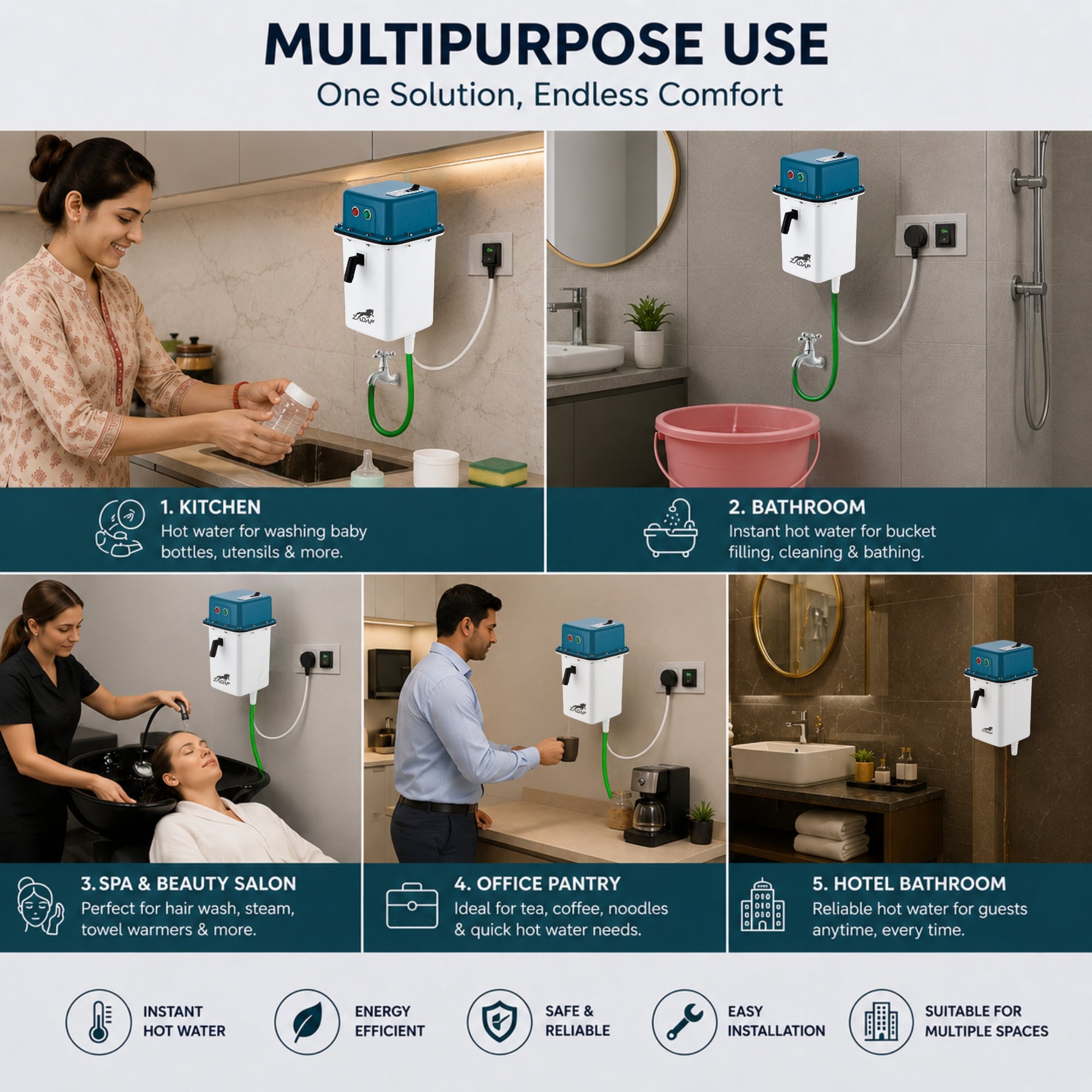 An infographic showing a wall-mounted hot water dispenser in five real-world settings: kitchen, bathroom, spa and beauty salon, office pantry, and hotel bathroom. The top text reads 'MULTIPURPOSE USE' and 'One Solution, Endless Comfort.