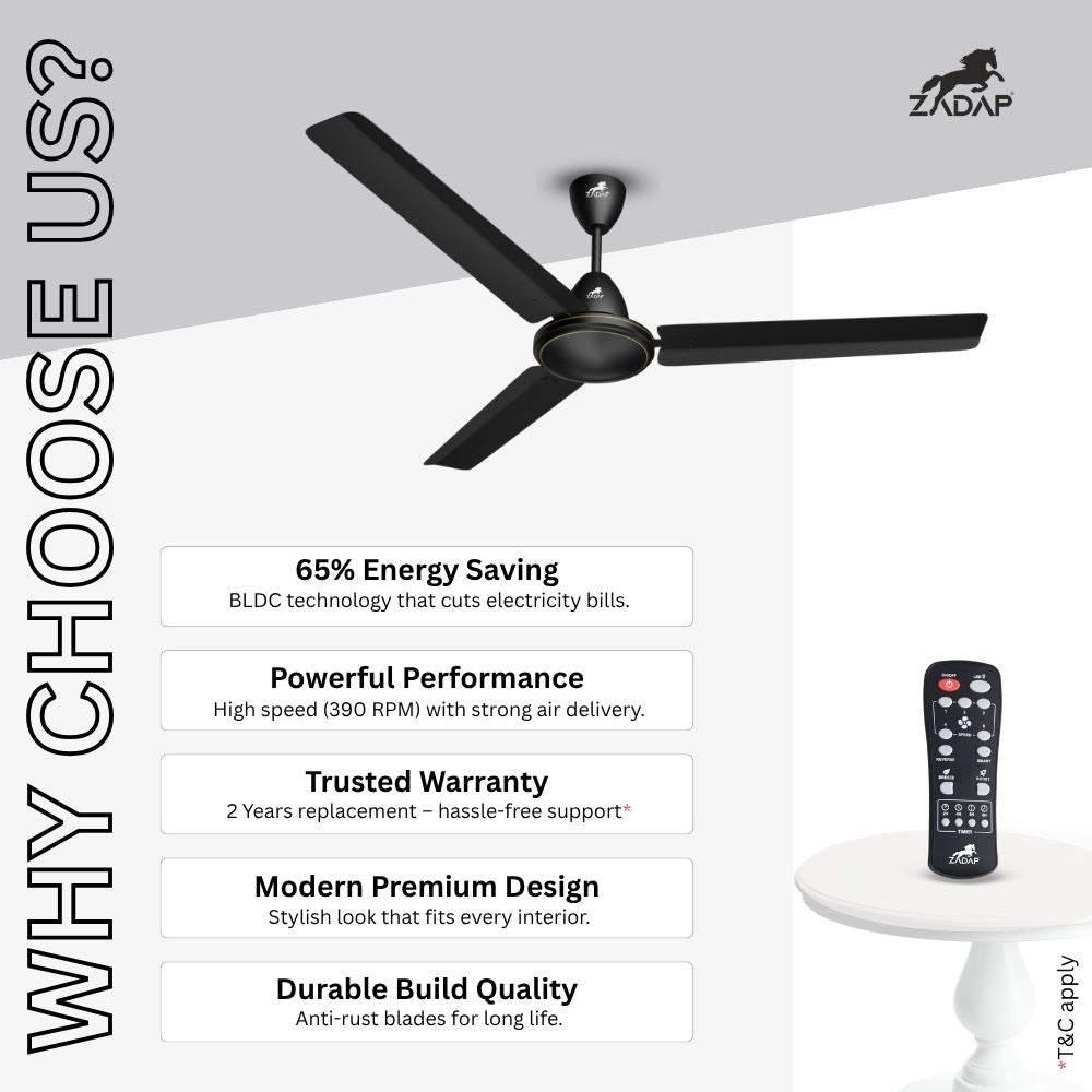 ZADAP CASA-Pro 1200mm BLDC Ceiling Fan with Remote | High Speed 390 RPM (Smoke Brown)