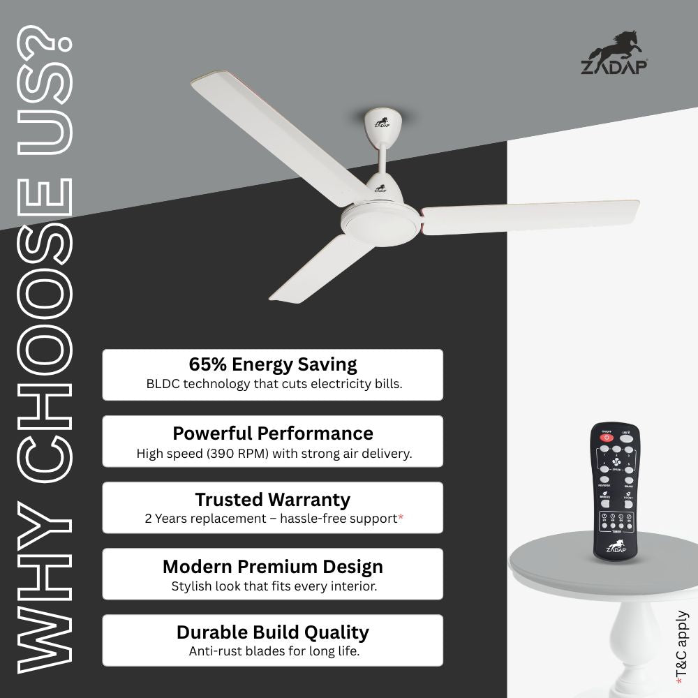 ZADAP CASA-Pro 1200mm BLDC Ceiling Fan with Remote | High Speed 390 RPM (White)